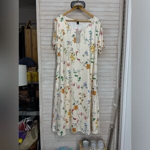 NWT Emery Rose 1X Ivory Floral Midi Dress in Cream with Multicolor Accents
